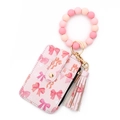 Pink bow printed card holder with silicone bead wristlet and leather tassel keyring - Light Pink Bowknot (2601)