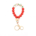 Detail of Christmas silicone bead keychain featuring Santa patterns and a wooden bead - Red White Printed Style (3#)
