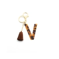 Leopard print acetate letter V keychain with brown tassel and gold hardware - Letter V(V)