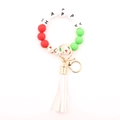 Christmas silicone bead keychain bracelet with wood beads leather tassel and happy lettering - Red White HAPPY Style (1)