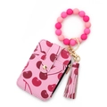 Pink cherry print card holder keychain with silicone bead bracelet and tassel - Rose Red Cherry (2602)