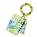 Tropical leaf pattern card wallet with olive green silicone beaded bracelet keychain - Yellow Green Leaf (2603)