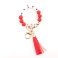 Christmas silicone bead bracelet with wooden beads and red leather tassel keychain - Bright Red HAPPY Style (3)