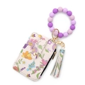 Floral print card holder wallet with purple silicone bead keychain and matching tassel - Purple Series Flower (2605)