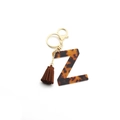 Leopard pattern letter Z keychain with brown leather tassel and gold metal ring clasp - Letter Z(Z)