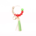 Silicone bead keychain bracelet with Christmas theme beads and dual-color leather tassel - Red White Floral Mix With Green Tassel (A2)