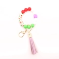 Christmas silicone bead bracelet with wooden beads and a pink leather tassel keychain - Purple White Red Green Mix With Pink Tassel (A4)