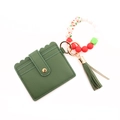 Dark green leather card holder with colorful beaded wristlet and elegant tassel keychain - Dark Green