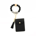 Porte-clés bracelet en perles silicone avec porte-cartes en cuir noir et gland à franges - Noir