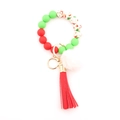 Christmas silicone bead keychain bracelet with white fluff ball and red leather tassel - Red Green Floral Bead With White Pom Pom (B1)