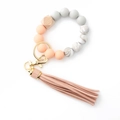 Pink and grey silicone bead wristlet keychain with wooden bead and leather tassel - Peach
