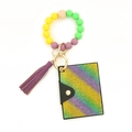 Silicone bead keychain bracelet with a purple leather tassel and rainbow rhinestone card wallet - Rainbow Gradient Style (1)