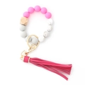 Pink and marble silicone beaded keychain bracelet with wood bead and magenta tassel - Rose Red