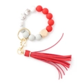 Red silicone bead bracelet keychain with tassel and wooden hexagon bead detail - Red