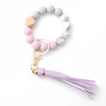 Pink and marble silicone bead keychain bracelet with natural wood bead and purple tassel - Light Purple