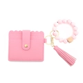 Pink PU leather card holder wallet with leopard silicone beads and gold tassel keychain - Sakura Pink