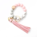 Pink and marble silicone bead bracelet keychain with wooden bead and leather tassel - Pink