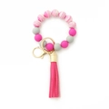 Silicone bead keychain bracelet with pink marble pattern, wood bead and leather tassel - Pink Marble Style (4)