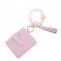 Lavender silicone bead bracelet key ring with leopard textured card holder and tassel - Light Purple