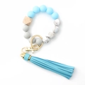 Light blue and marble silicone bead keychain with wood bead and blue leather tassel - Sky Blue