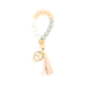 Pink and marble silicone bead wristlet keychain with wooden bead and leather tassel - Peach