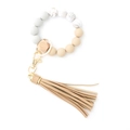 Silicone and wood bead keychain bracelet with beige tassel and golden metal hardware - Khaki