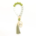 Silicone bead keychain wristlet in green and marble white with wood bead and tassel - Olive Green