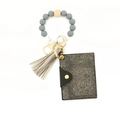 Silicone bead keychain bracelet with grey marble pattern and sparkly black card holder - Gray Rhinestone Style (8)