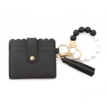 Silicone bead keychain bracelet with black pebbled leather card holder and PU tassel charm - Black