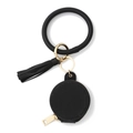 Porte-clés bracelet en cuir PU noir avec petit porte-monnaie rond et gland doré - Noir