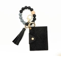 Black beaded wristlet keychain with silicone beads, tassel, and faux leather card holder - Black Classic Style (9)