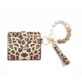 Leopard print silicone bead wristlet with PU tassel and card holder wallet keychain set - Leopard Print