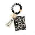 Leopard print card holder keychain with cow pattern silicone beads and leather tassel - Black White Cow Print Style (11)