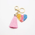 Pink tassel heart resin keychain with gold rose patterns and colorful gradient finish - Multi Rose with Pink Tassel