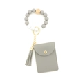 Porte-clés bracelet en perles de silicone gris avec porte-cartes en cuir et gland - Gris clair