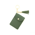 Dark green lychee pattern PU leather card holder keychain with tassel and gold snap - Dark Green