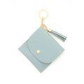 Mini billetera llavero de cuero azul claro con botón dorado y borla decorativa de flecos - Azul Grisáceo