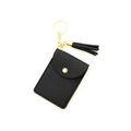 Black pebbled leather keychain wallet with golden snap closure and matching tassel charm - Black