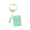 Bracelet porte-clés en perles de silicone avec porte-cartes en cuir vert menthe et gland - Vert menthe