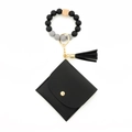 Portachiavi con bracciale in perle di silicone nere e grigie e porta carte in pelle PU - Nero