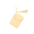 Beige faux leather card holder wallet with golden keychain and decorative tassel - Beige