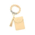 Porte-clés bracelet en perles de silicone avec porte-carte en cuir beige et pompon - Poche zippée