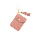 Pink PU leather card holder keychain with tassel, lychee texture and gold snap button - Purplish Red