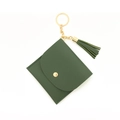 Dark green pebble leather keychain wallet with golden snap button and fringe tassel - Dark Green