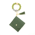 Deep green silicone bead bracelet with PU leather card holder and matching tassel - Dark Green