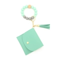 Mint green silicone bead wristlet with matching leather card wallet and gold key ring - Mint Green