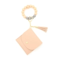 Pink silicone bead bracelet with PU leather wallet keychain and tassel charm detail - Peach