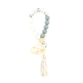 Portachiavi a bracciale con perle in silicone, motivi marmorei, legno e nappa in pelle - Bianco