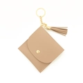Beige PU leather keychain card holder with tassel pendant and gold metal snap button - Mocha