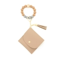 Silicone bead wristlet keychain with leather tassel and khaki card holder wallet - Mocha
